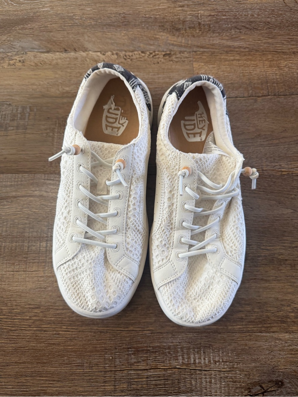 Hey Dude Women's Cream Knit Sneakers with Black Heel Accent